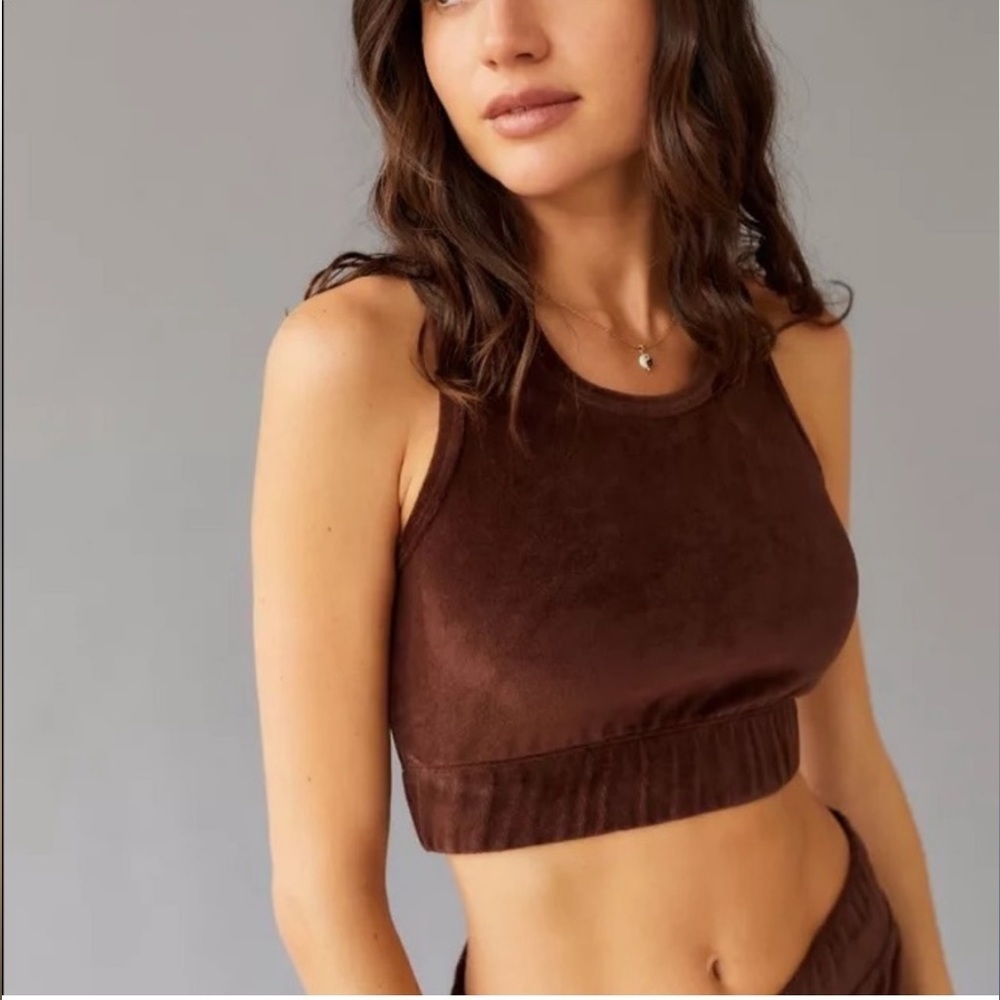 🤎 Year of Ours Brown Velour Velvet Warm-Up Crop Top Bralette Sports Bra
